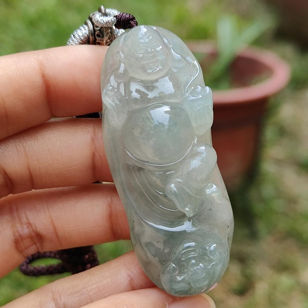 Premium Rare Semi Icy Natural Type A Jadeite Jade crafted with Milo Buddha as Pendant Necklace with certificate weigh 30.56 grams, measurement 56 * 23 * 12.8 (pendant207) Yi Pin Qian