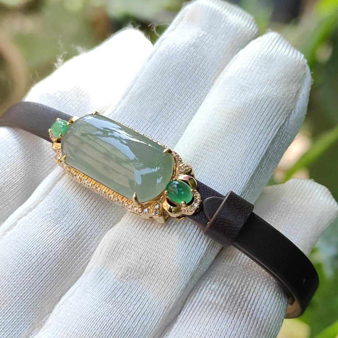 High Premium Quality Natural Type A Jadeite Jade with 3 cabochons set on 18k gold with diamonds as wrist bracelet or pendant, certificate weigh 4.39 grams (18kpw4) Yi Pin Qian