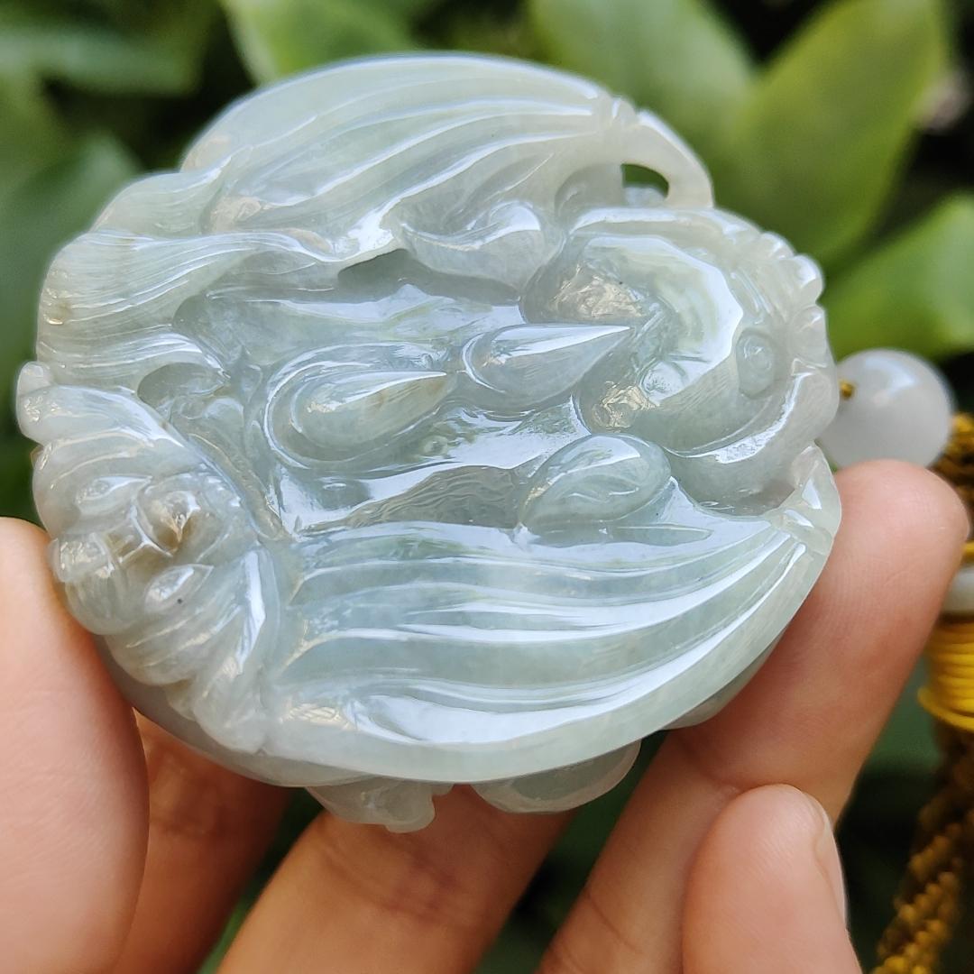 High Quality Light Green Hue with Yellow Patches Natural Type A Jadeite Jade crafted as the flying pixiu as Pendant, certificate weighs 85.45 grams, measurement 54 * 54.6 * 14.6 mm (pendant312) Yi Pin Qian Jadeites Jade Jewelry ~Your Precious Quintessential ~ Singapore