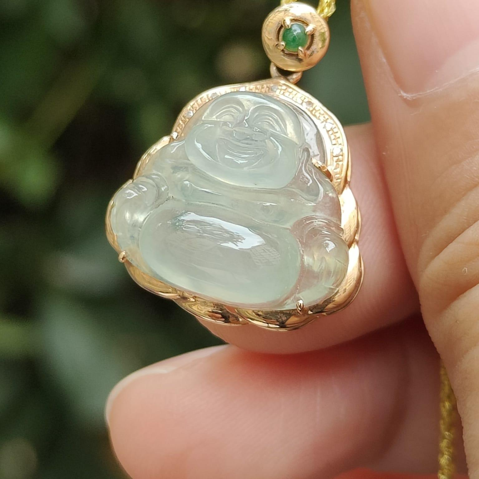 High Translucent Quality Natural Type A Jadeite Jade crafted as Milo Buddha set with 18k gold as Pendant - Latest Arrival in Sg - certificate weighs 2.77 grams, measurement 23 * 19.2 * 8.5 mm (18kp76) Yi Pin Qian Jadeites Jade Jewelry ~Your Precious Quintessential ~ Singapore