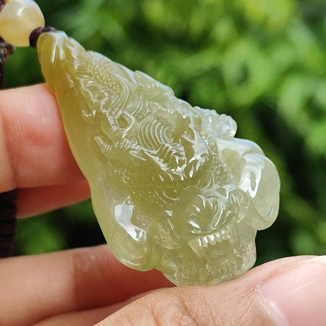 Premium Icy Yellow Natural Type A Jadeite Jade crafted with Dragon as Pendant certificate weighs 15.64 grams, measurement 50.6 * 27 * 11.5 mm (pendant253) Yi Pin Qian