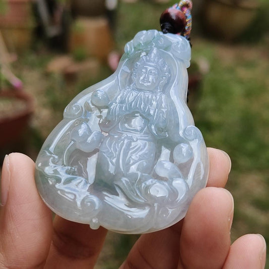 High Quality Light Lavender, Light Green with Yellow patches Natural Type A Jadeite Jade crafted with Guanyin as Pendant, certificate weigh 27.22 grams, measurement 63 * 44.3 * 6.8 mm (pendant229) Yi Pin Qian