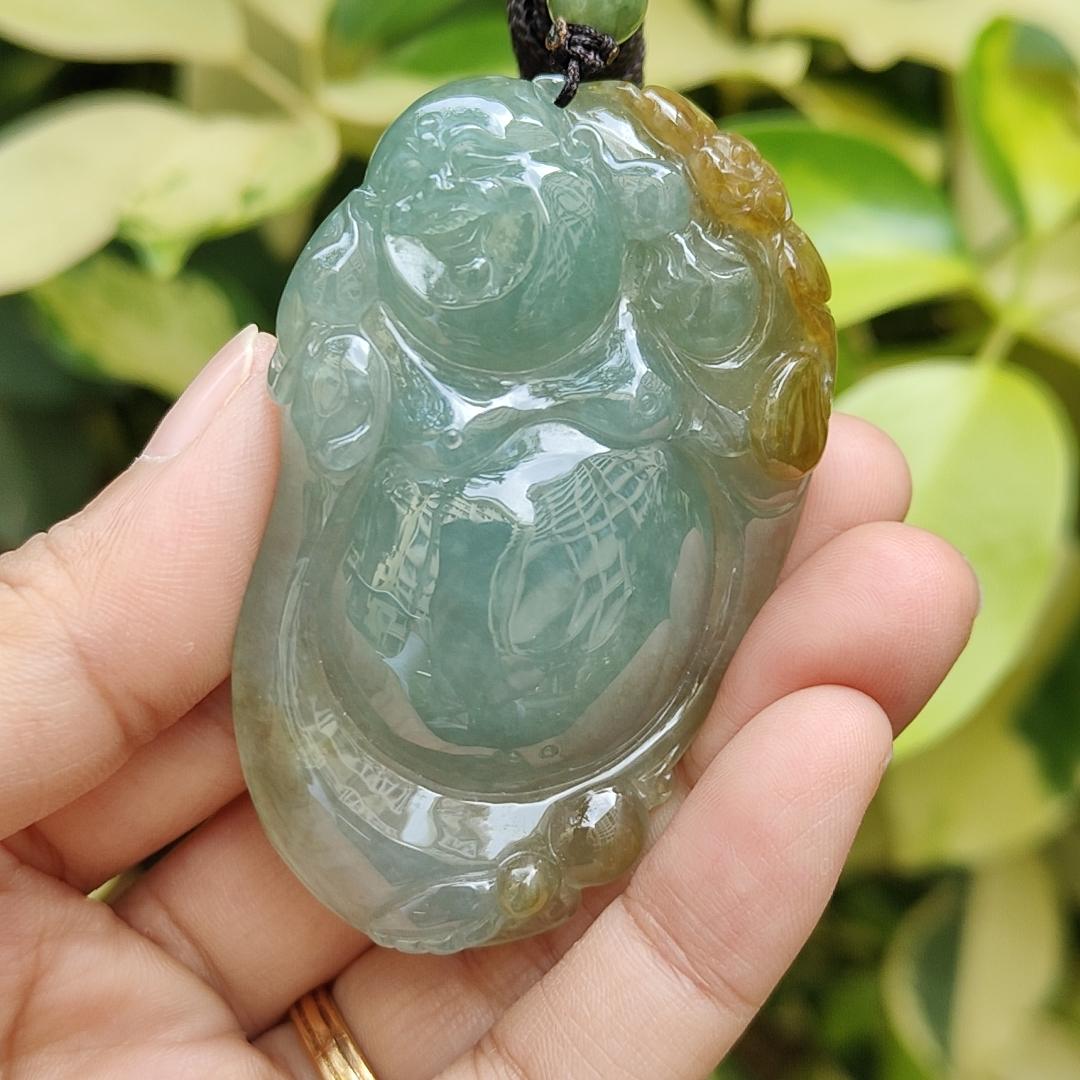 New Arrival Singapore - High Quality Green with Yellow Crafted as Milo Buddha on Natural Type A Jadeite Jade as Pendant with certificate weighs 41.79 grams, measurement 63.2 * 39.9 * 10.7 mm (pendant323) Yi Pin Qian Jadeites Jade Jewelry ~Your Precious Quintessential ~ Singapore