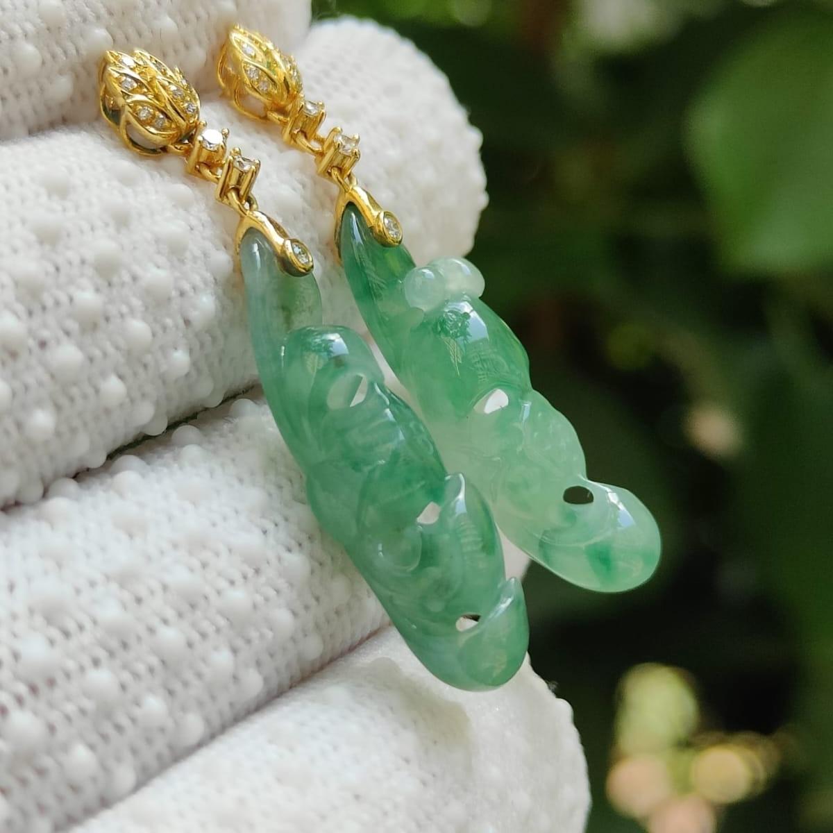 Icy Translucent Lotus Jadeite Stud Earrings – Natural Type A Jadeite, 18K with Diamonds, Symbol of Purity and Elegance (18k08) Yi Pin Qian Jadeites Jade Jewelry ~Your Precious Quintessential ~ Singapore
