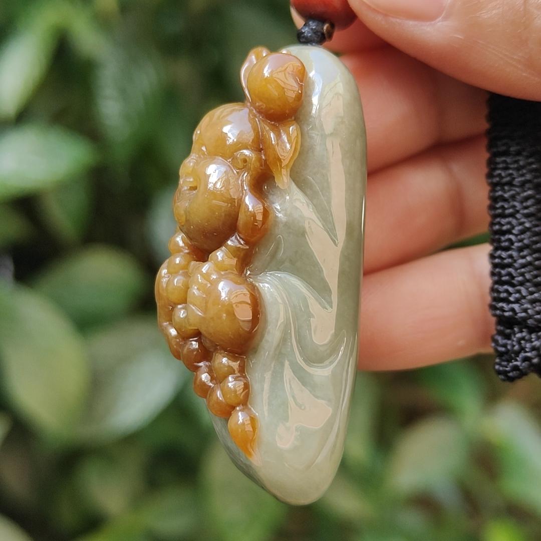 Very Rare Good Quality Reddish Yellow and Light Green Natural Type A Jadeite Jade crafted with Milo Buddha as Pendant with certificate weigh 37.43 grams, measurement 50 * 18.5 * 20.3 mm (pendant235) Yi Pin Qian