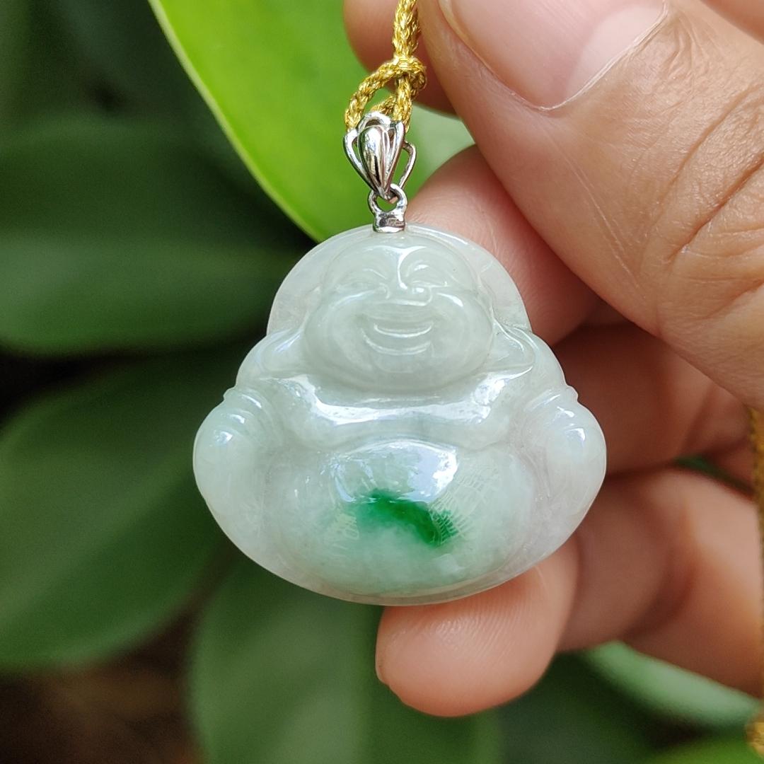 18k Gold Crasp added for Pendant crafted as Milo Buddha with Green Patch Natural Type A Jadeite Jade, certificate weighs 5.01 grams, measurement 24.3 * 25.8 * 5.8 mm (18kp73) Yi Pin Qian Jadeites Jade Jewelry ~Your Precious Quintessential ~ Singapore