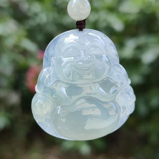 Premium Quality with good density and light green bluish hue Natural Type A Jadeite Pendant Necklace crafted with Laughing Buddha, certificate included weigh 17.14 grams, 36.7 * 34.2 * 8.7 mm, a good collection or for your daily wear (pendant32) Yi Pin Qian