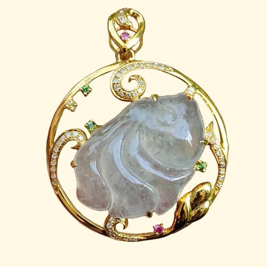 Premium Quality Icy Translucent Natural Type A Jadeite Jade crafted as fish set on 18k gold as Pendant, certificate weighs 5.5 grams, measurement 35.7 * 28.2 * 9mm (18kp53) Yi Pin Qian