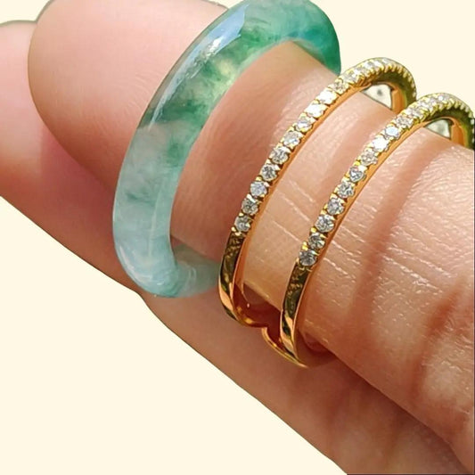 Icy Translucent Green Floating Patches Natural Type A Jadeite Jade crafted as Ring designed with removable 18k Gold, certificate weighs 4.65 grams, measurement 6.3 * 2.9 mm, finger size 17.1 mm (18kring29) Yi Pin Qian