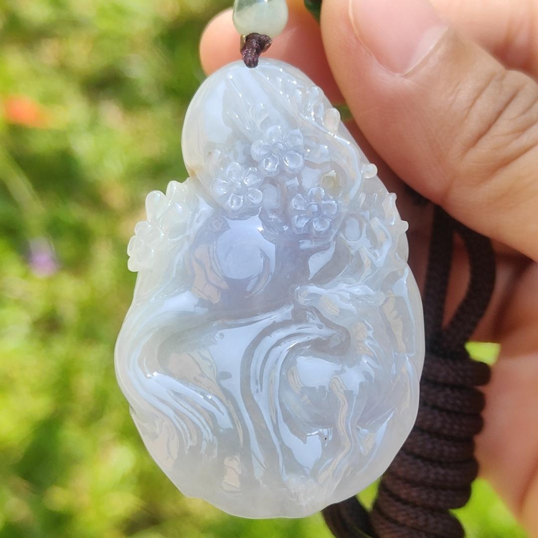 A Lavender with spread of brown and green patches Natural Type A Jadeite Jade Pendant Crafted with deer and flower, certificate weigh 24.4 grams, measurement 51.5 * 33.7 * 7.8 mm (pendant192)1 Yi Pin Qian