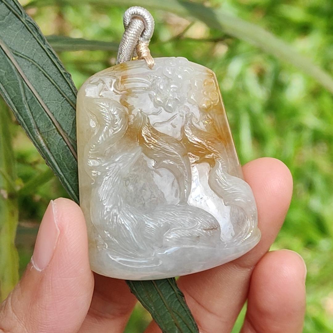 Yellow and White Semi Icy Natural Type A Jadeite Pendant Necklace crafted with nine tail fox symbols of Love, Charisma, and Good Luck, QIC Labs approved certificate included weigh 32.9 grams, 44 * 36 * 9 mm, suitable for daily wear Yi Pin Qian