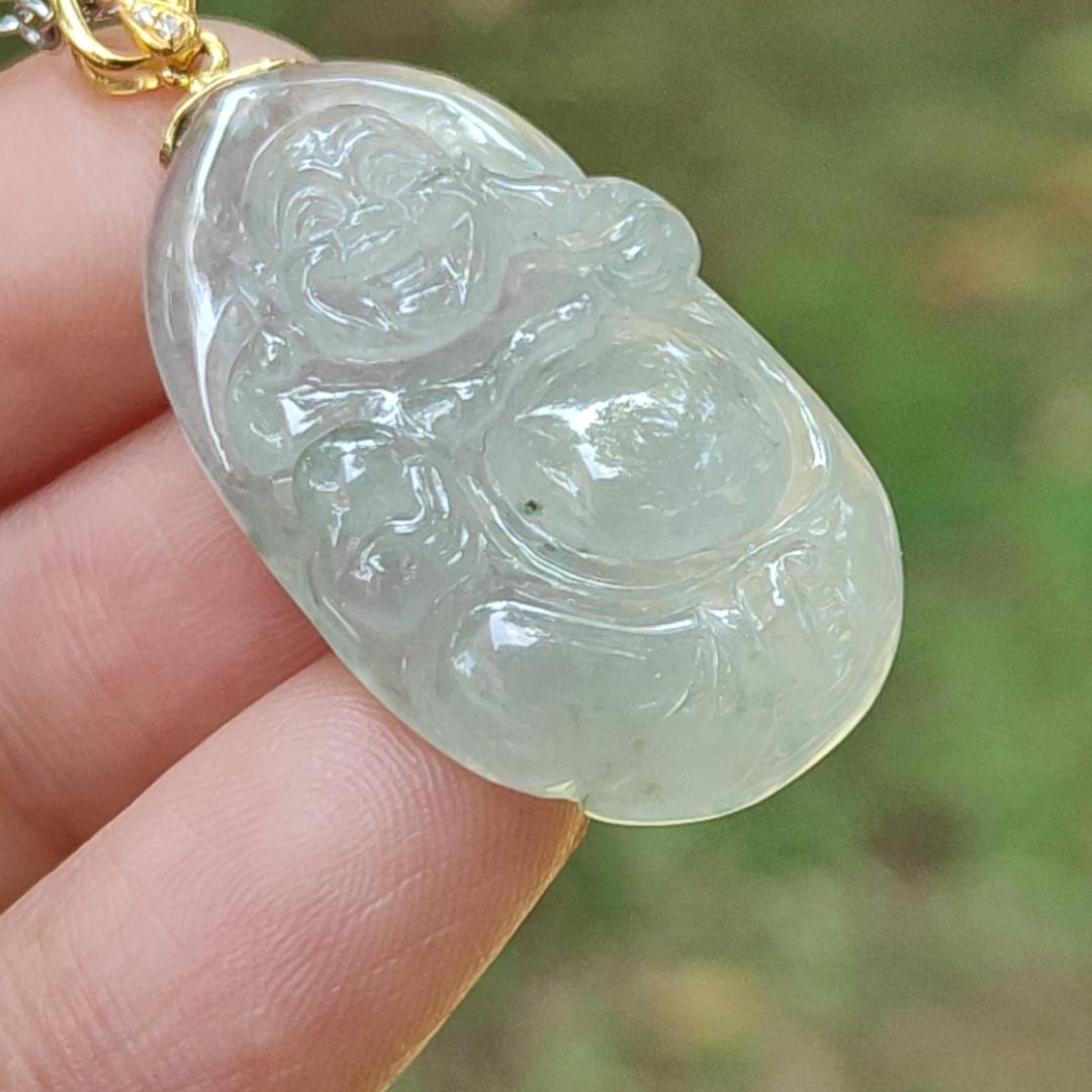 #Sold New Arrival Singapore High Quality Light Green Hue Natural Type A Jadeite Jade crafted as Milo Buddha set with 18k gold clasp as Pendant, certificate weighs 6.86 grams, measurement 30.2 * 17.5 * 6.8 mm (18kp70)