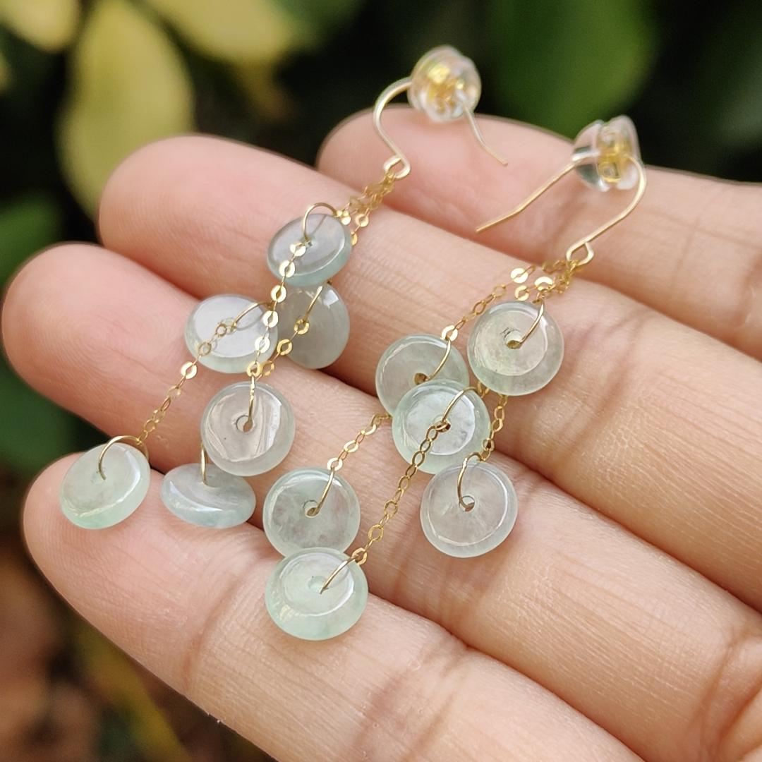 Pair of Hook Earrings set with 18k Gold on 12 Dounut shape Natural Type A Jadeite Jade, certificate weighs 2.84 grams measurement 7 * 2mm (18k04) Yi Pin Qian Jadeites Jade Jewelry ~Your Precious Quintessential ~ Singapore