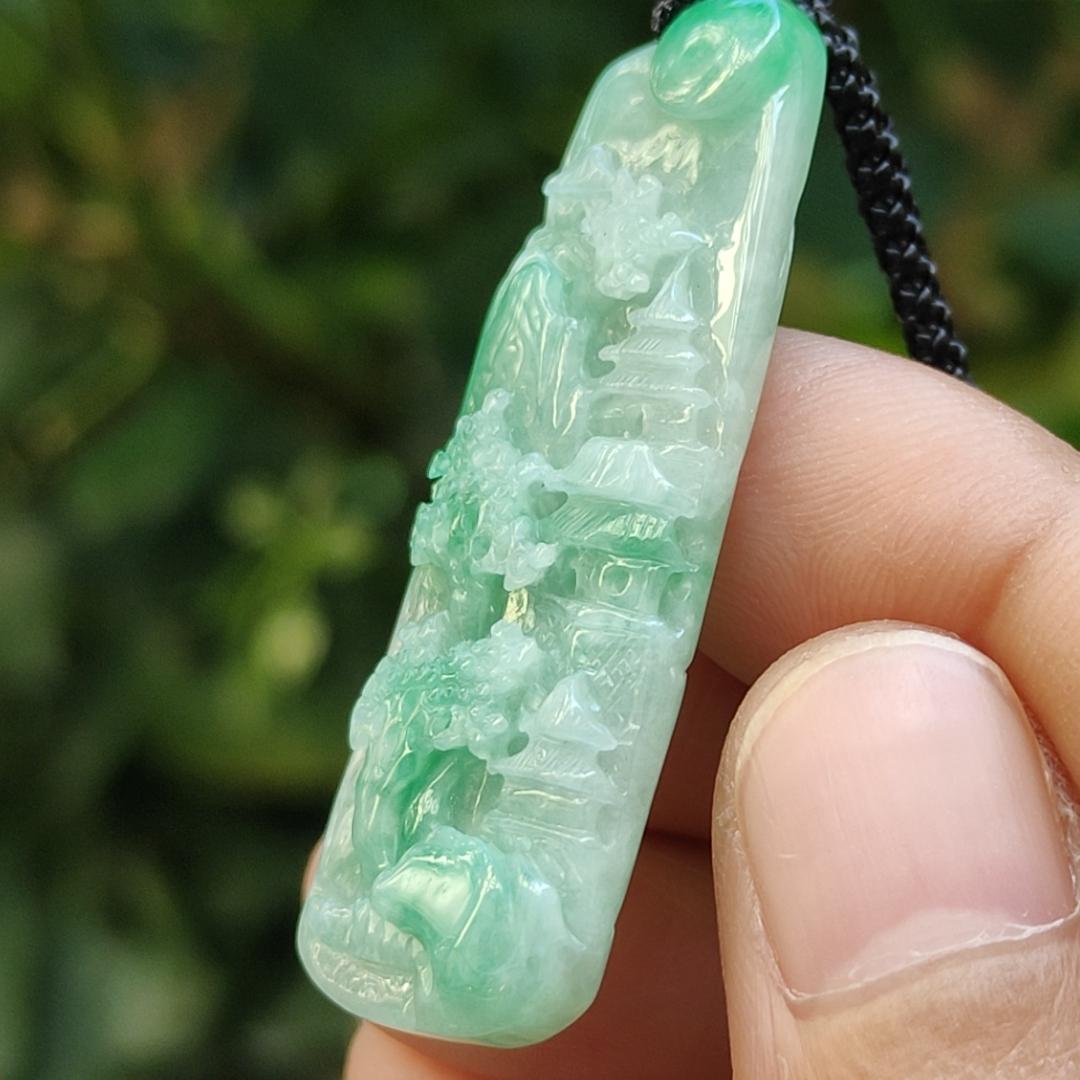 Beautiful Pendant crafted with scenery on Natural Type A Jadeite Jade certificate weigh 7.06 grams, measurement 44.2 * 16.1 * 5.3 mm (pendant383) Yi Pin Qian Jadeites Jade Jewelry ~Your Precious Quintessential ~ Singapore
