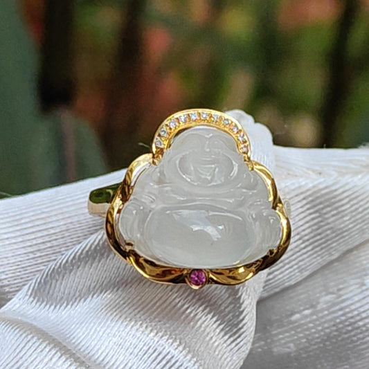 Premium Rare old pit Icy Natural Type A Jadeite Cabochon crafted as Laughing Buddha setting on G18K Gold as Ring with finger size 17.6mm, Certificate included weigh 3.23 grams, Jade measurement 12.8 * 14.8 * 4.1 mm (18kring5) Yi Pin Qian