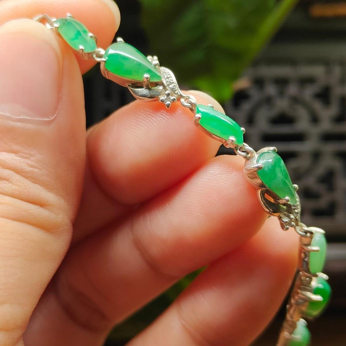 Seven Green Cabochons Natural Type A Jadeite Jade set on S925 as Bracelet (s925b5) - certificate weighs 4.08 g Yi Pin Qian Jadeites Jade Jewelry ~Your Precious Quintessential ~ Singapore