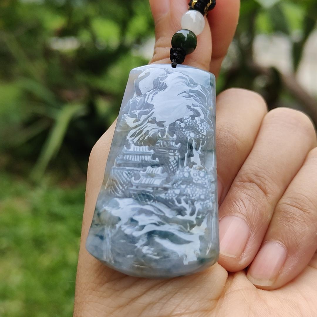 Unique Lavender Natural Type A Jadeite Pendant carved with scene come with certificate weight 19.55 grams, 53.80 *27.50 * 5.50 mmm, suitable for daily wear (pendant121) Yi Pin Qian