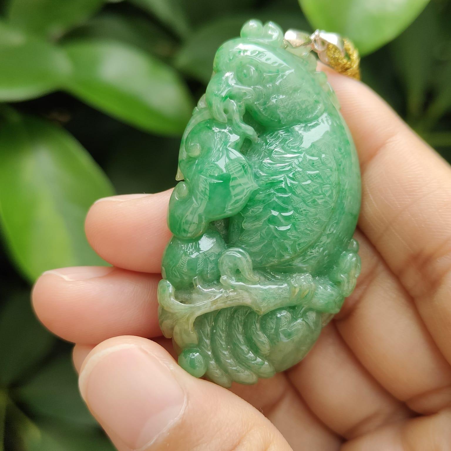 Green Natural Type A Jadeite Jade crafted with Parrot with Ruyi and Coin as Pendant, ceritificate weighs 22.55 grams, measurement 54.6 * 30 * 9.2 mm (pendant332) Yi Pin Qian Jadeites Jade Jewelry ~Your Precious Quintessential ~ Singapore