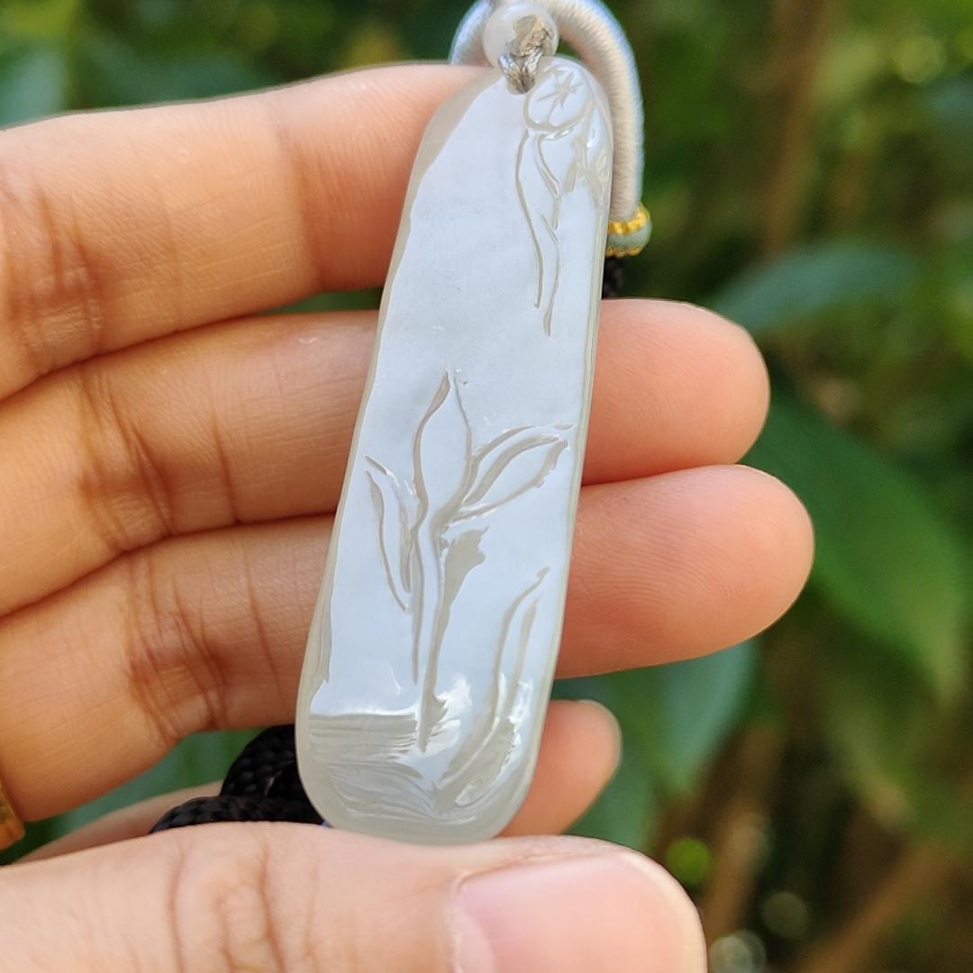 Semi Translucent Icy Natural Type A Jadeite Pendant carved with faceless buddha and lotus meaning Compassion and Wisdom , QIC labs approved certificate included weight 16.56 grams, 55.50 * 16.10 * 8.80 mm, very suitable for daily wear (pendant95) Yi Pin Qian