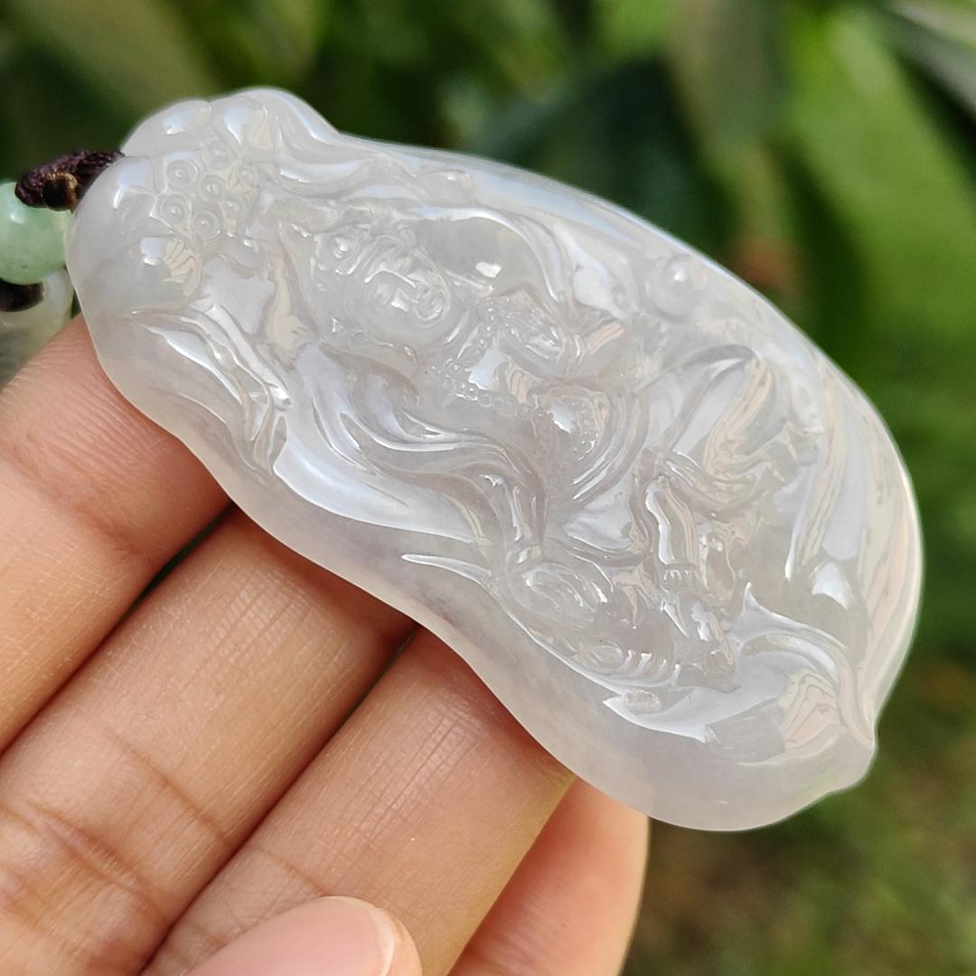 Semi Icy Rare Old School Natural Type A Jadeite Jade Pendant Necklace crafted as Manjushri Bodhisattva without Mount with certificate weigh 25.28 grams, 58 * 33.2 * 7.3 mm (pendant167) Yi Pin Qian