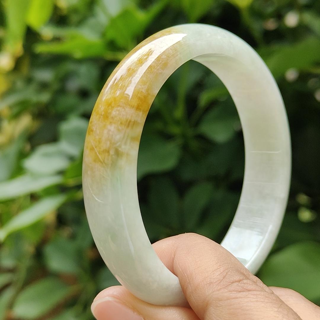 57.7 mm Crafted as Peace bangle on Burmese with light green hue and brown Natural Type A Jadeite Jade, certificate weighs 60.36 grams, Width 14mm, Thickness 7.5mm (bangle17) Yi Pin Qian Jadeites Jade Jewelry ~Your Precious Quintessential ~ Singapore