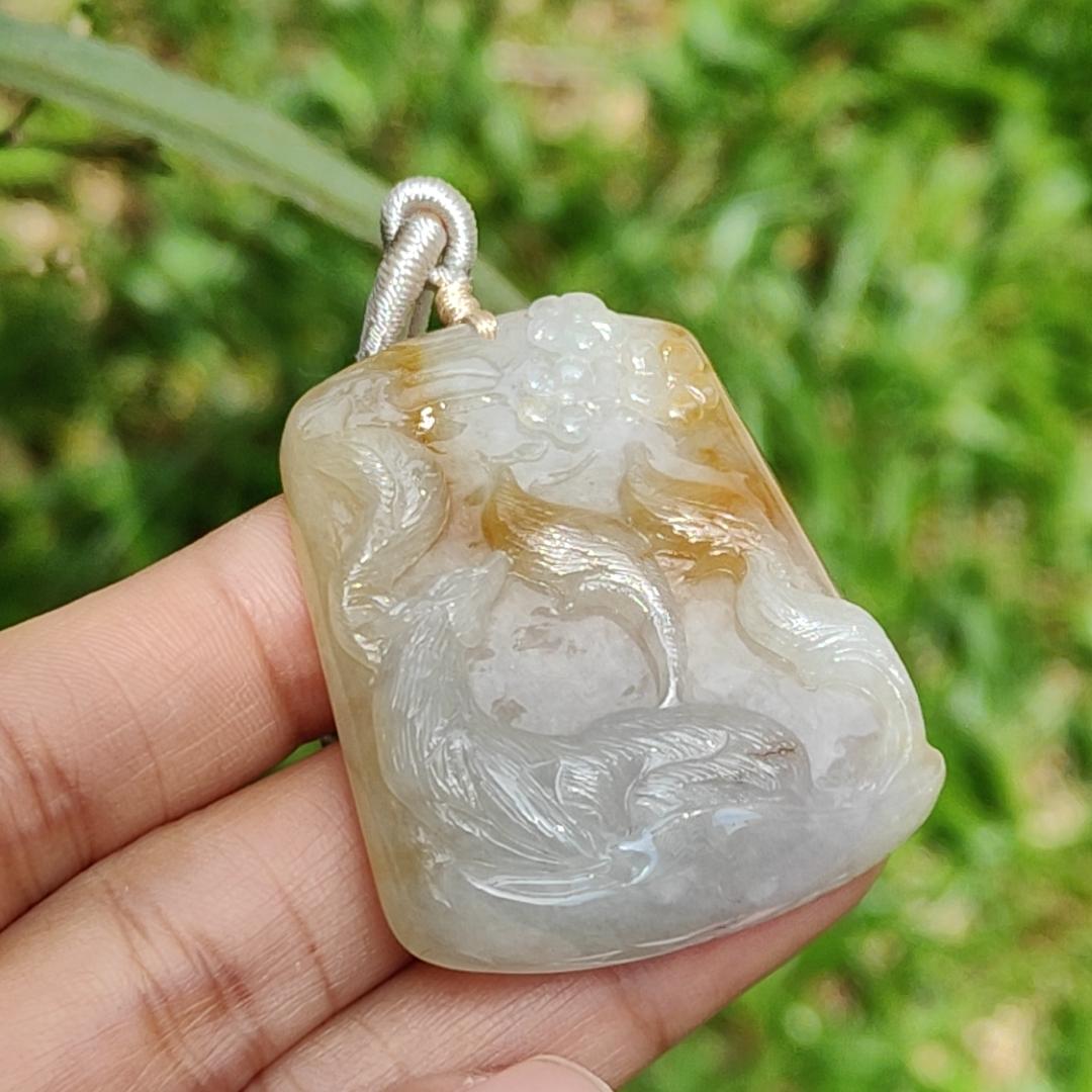 Yellow and White Semi Icy Natural Type A Jadeite Pendant Necklace crafted with nine tail fox symbols of Love, Charisma, and Good Luck, QIC Labs approved certificate included weigh 32.9 grams, 44 * 36 * 9 mm, suitable for daily wear Yi Pin Qian