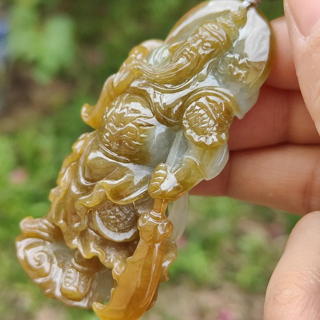 Special Sales - Very Rare Brown and Light Green Natural Type A Jadeite Jade crafted with Guan Gong as Pendant with certificate weigh 66.01 grams, measurement 70 * 43.7 * 18 mm (pendant228) Yi Pin Qian