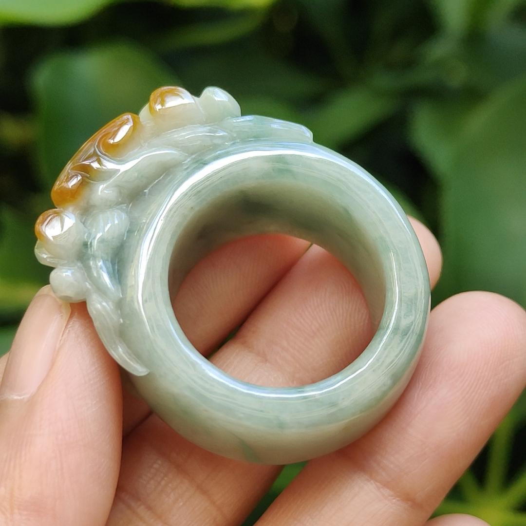 Green Hue Patches and Yellow Natural Type A Jadeite-Jade crafted as Dragon Ring with finger size 20.8mm, certificate weighs 26.8 grams, measurement 39.2 * 31.6 * 15.5 mm (ring12) Yi Pin Qian Jadeites Jade Jewelry ~Your Precious Quintessential ~ Singapore