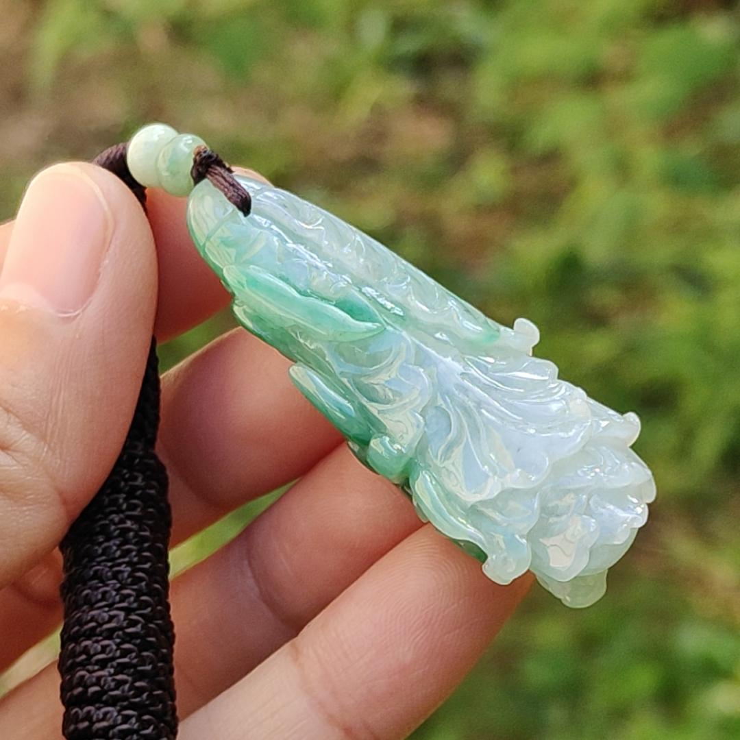 Lots Of Green on this Natural Type A Jadeite Pendant Necklace Crafted as Chinese Cabbage with Ruyi, Symbols of Wealth rolling in, good luck and prosperity, certificate included weigh 15.27 grams, 47.9 * 19.6 * 14.8 mm, (pendant30) Yi Pin Qian