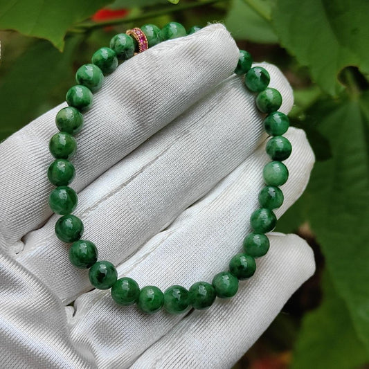 Stunning 30 spicy-green 5.9 mm beads Natural Type A Jadeite Bracelet Special Mid Year Offer with QIC labs approved certificate weigh 10.52 grams, suitable for daily wear to work or leisure (bracelet4) Yi Pin Qian