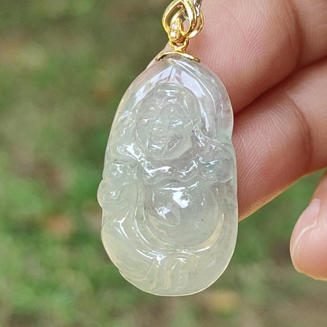 #Sold New Arrival Singapore High Quality Light Green Hue Natural Type A Jadeite Jade crafted as Milo Buddha set with 18k gold clasp as Pendant, certificate weighs 6.86 grams, measurement 30.2 * 17.5 * 6.8 mm (18kp70)