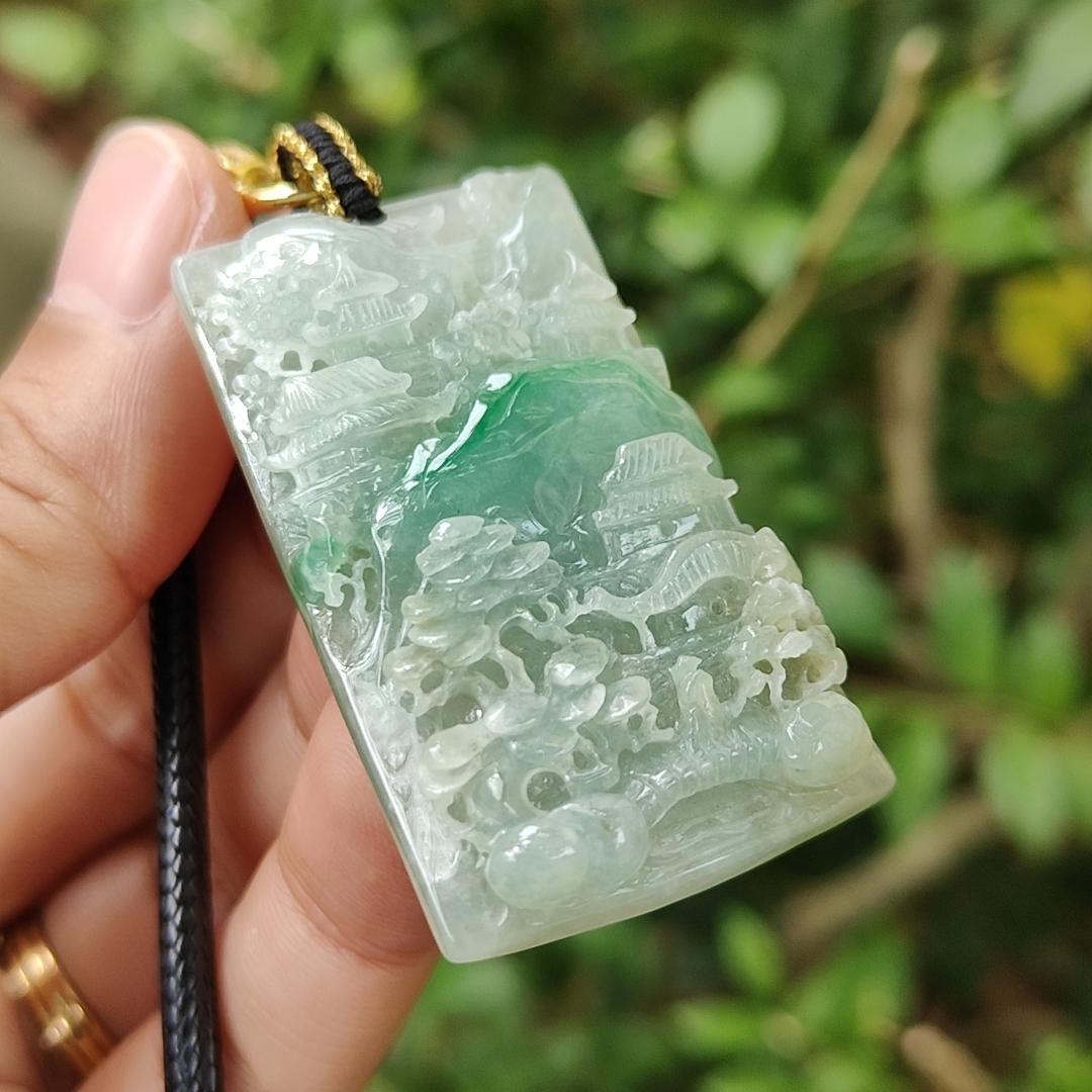 Latest arrival SG Local Seller crafted as sceneries Pendant Light green Hue, Green and white Natural Type A Jadeite Jade, certificate weighs 21.24 grams, measurement 47 * 26.9 * 7.5 mm (pendant353) Yi Pin Qian Jadeites Jade Jewelry ~Your Precious Quintessential ~ Singapore