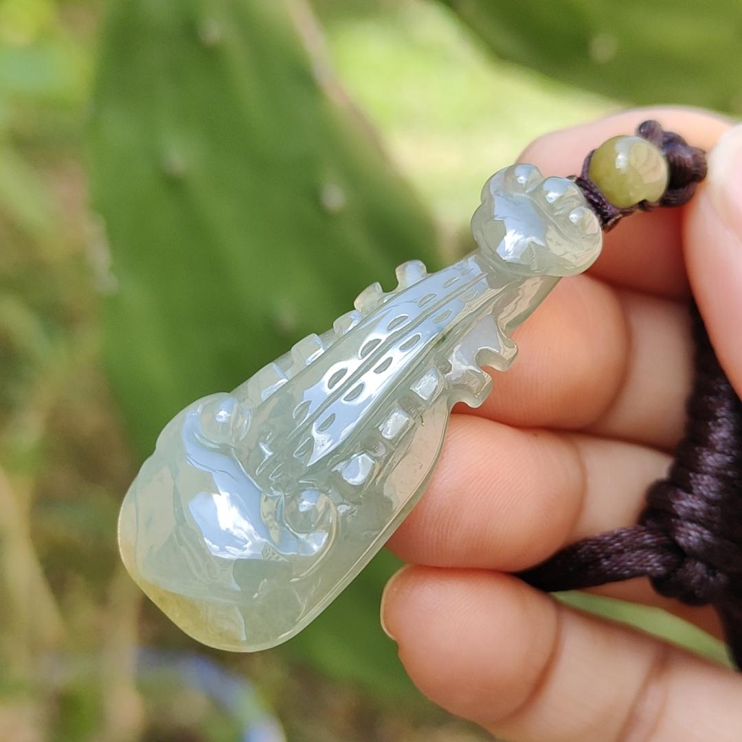Semi Icy Rare Yellow and Green Natural Type A Jadeite Jade crafted as Ruyi musical instrument pipa as Pendant with certificate weigh 9.08 grams, measurement 45.3 * 18.7 * 6.6 mm (pendant226) Yi Pin Qian