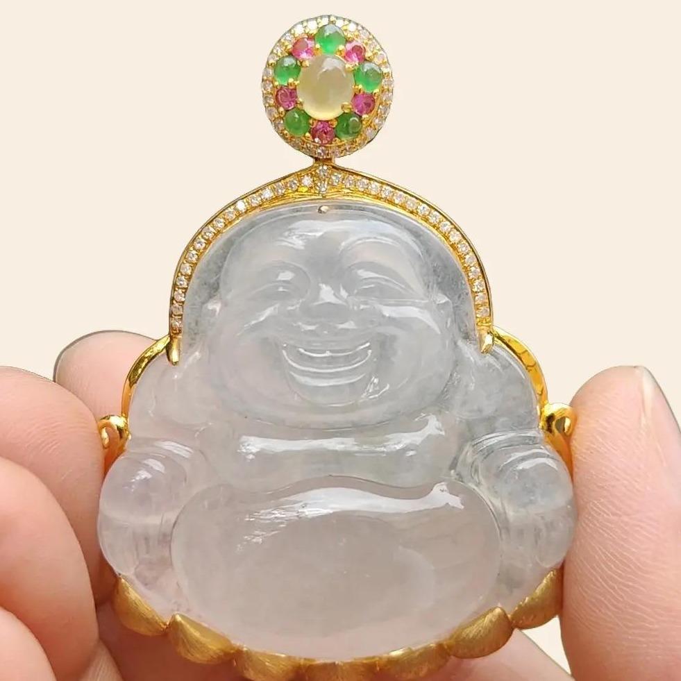 Premium Icy Translucent Natural Type A Jadeite Jade crafted as Milo Buddha set on 18k gold with diamonds as Pendant, certificate weighs 26.07 grams, measurement 38.8 * 40 * 7.2 mm, (18kp41) Yi Pin Qian