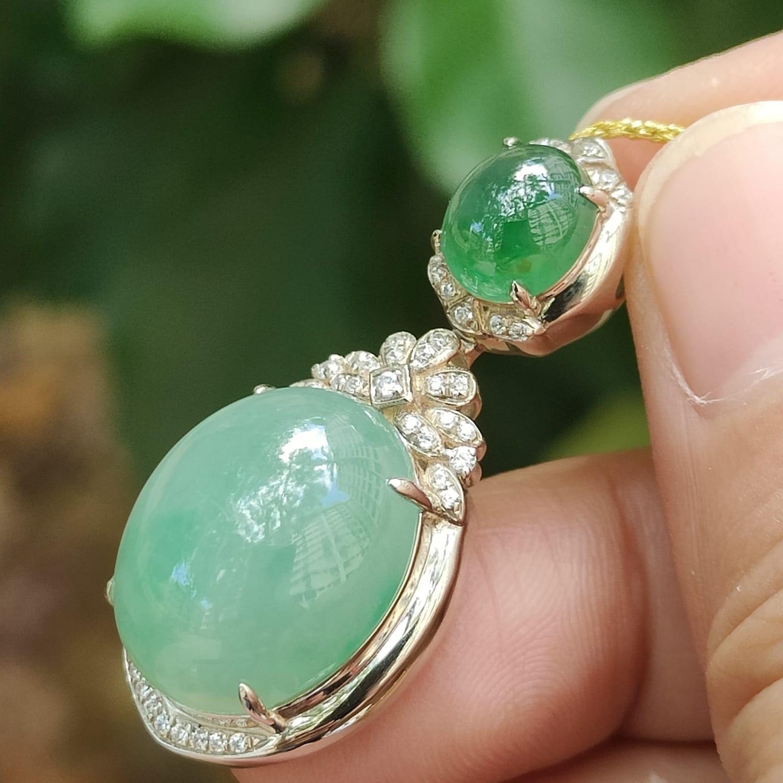 Natural Type A Jadeite Pendant – Icy Emerald & Light Green Cabochons, S925 Silver Setting, Timeless Elegance (s925p6) Yi Pin Qian Jadeites Jade Jewelry ~Your Precious Quintessential ~ Singapore
