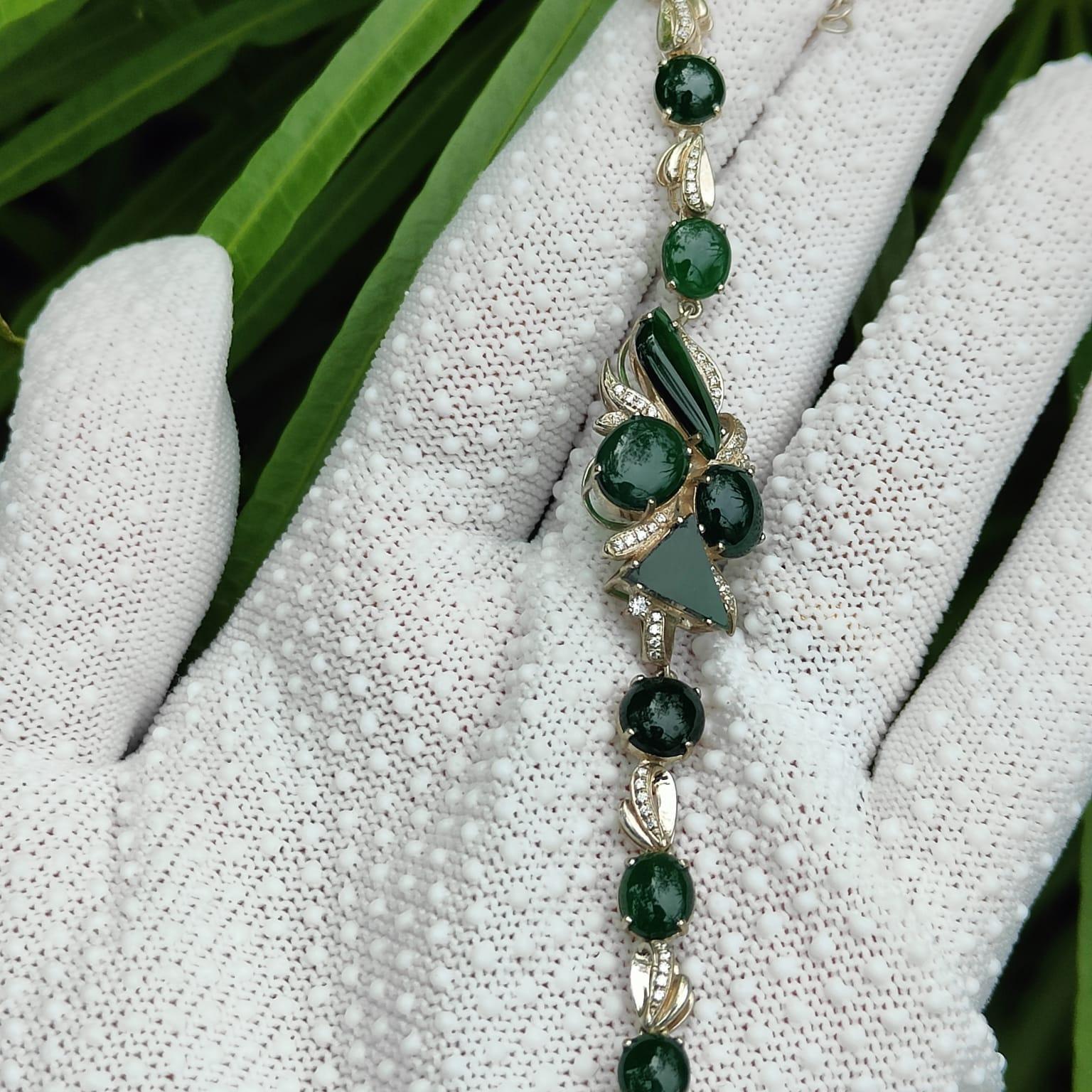 10 Dark Green Multi Shapes Cabochons crafted on Natural Type A Jadeite Jade set with High quality S925 as Bracelet, certificate weighs 7.66 grams (s925b6) Yi Pin Qian Jadeites Jade Jewelry ~Your Precious Quintessential ~ Singapore