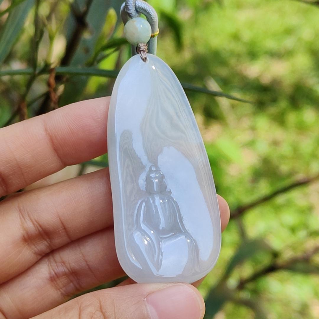 Crafted as the faceless buddha Semi Icy Natural Type A Jadeite Pendant Necklace with certificate weigh 14.03 grams, 58 * 26 * 4.9 mm, suitable for daily wear Yi Pin Qian