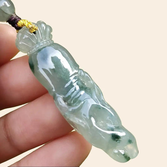 High Quality Light Green with Green Natural Type A Jadeite Jade crafted with shape of Ginseng as Pendant, certificate weighs 7.63 grams, measurement 48.2 * 12.7 * 7.1 mm (pendant277) Yi Pin Qian