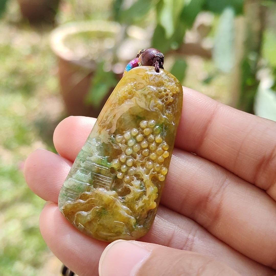 Rare quality Yellow with reddish brown and green Natural Type A Jadeite Jade crafted with sceneries as pendant, certificate weigh 11.38 grams, measurement 45.6 * 24.3 * 5.2 mm (pendant216) Yi Pin Qian