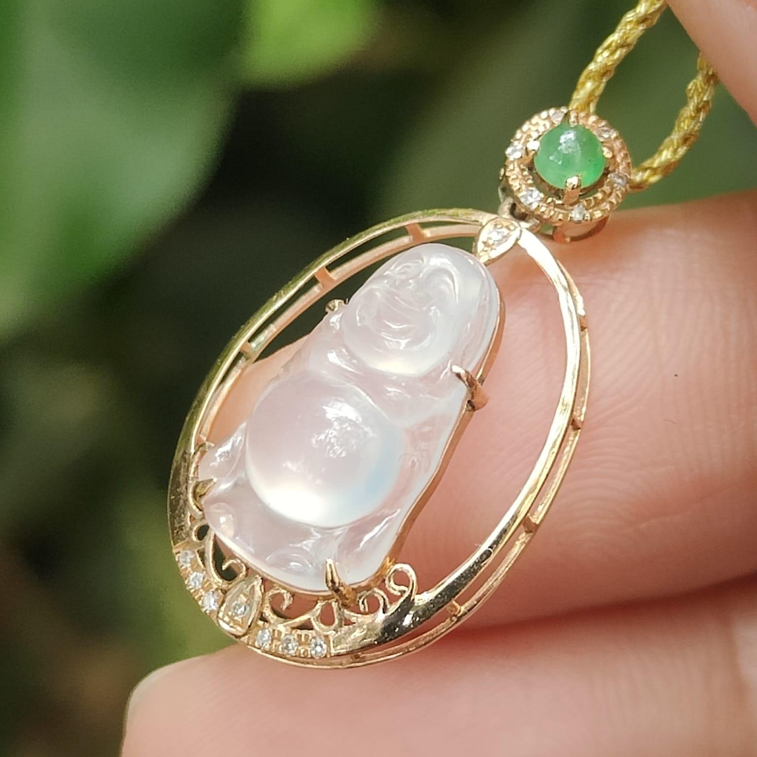 Icy Buddha Jadeite Pendant – Natural Type A Jadeite, 18K Setting, Symbol of Peace and Wisdom (18kp103) Yi Pin Qian Jadeites Jade Jewelry ~Your Precious Quintessential ~ Singapore