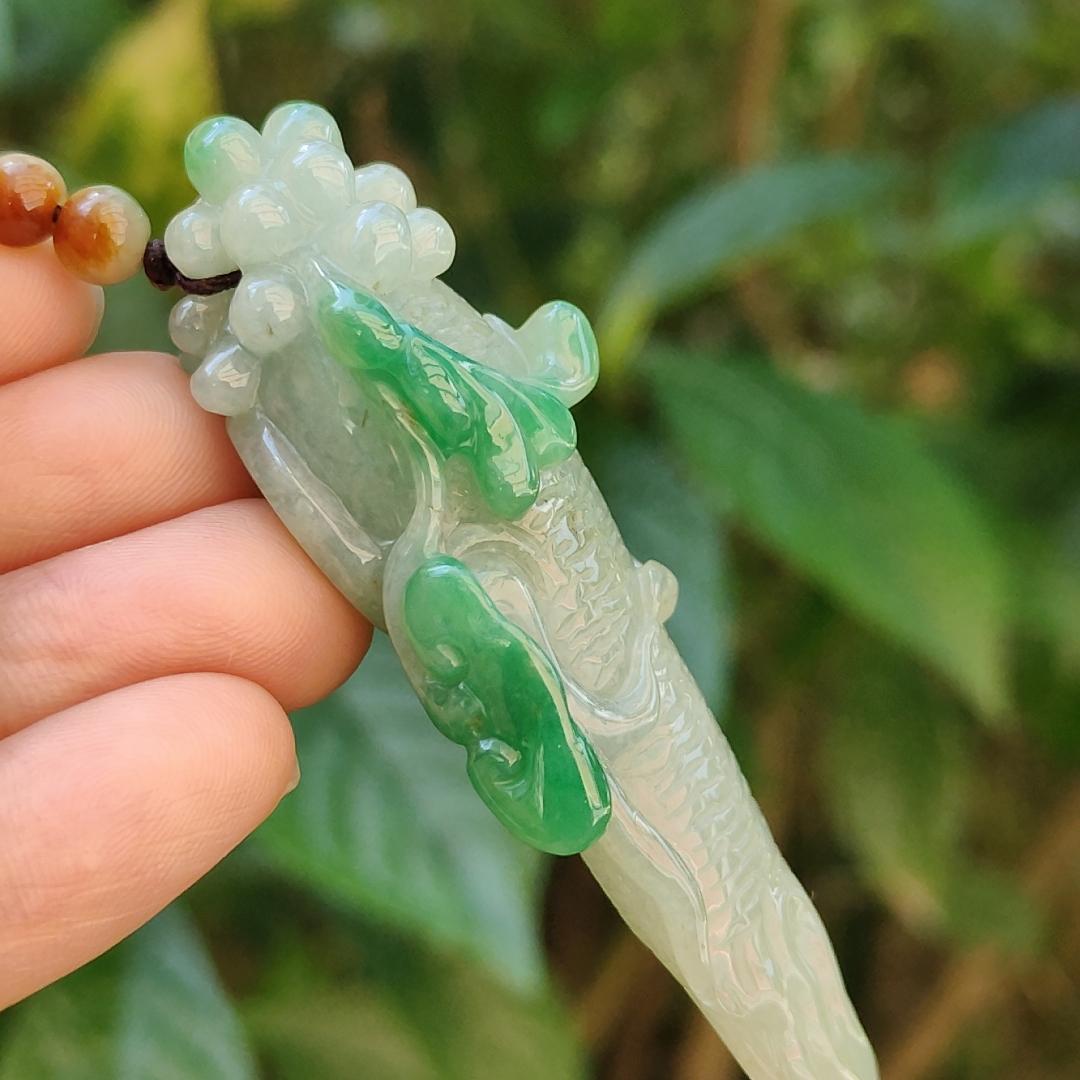 With Green and Light Green Ginseng Ruyi Natural Type A Jadeite pendant come with certificate weight 40.59 grams, 72.30 * 24.80 * 20 mm meaning Auspicious, representing good luck, happiness, joy, and wealth boosting you wearing it (pendant97) Yi Pin Qian