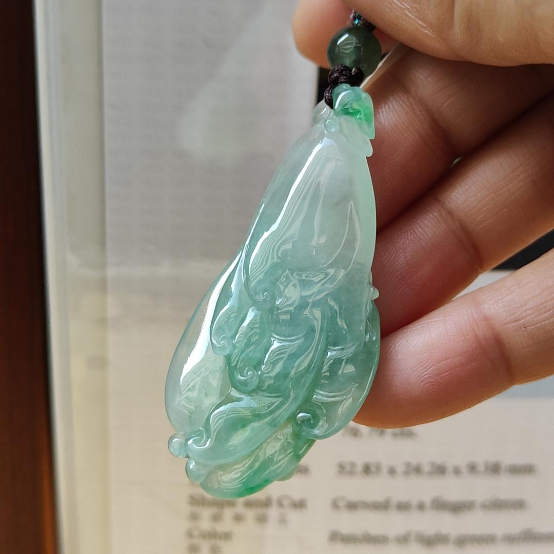 Very Beautiful Finger Citron Natural Type A Jadeite pendant jewelry with NGI Gemstone report weight 76.79 grams 52.83 * 24.26 * 9.38 mm - Highly Translucent very fine grain with patches of light green suffused to a paler ground (pendant151) Yi Pin Qian