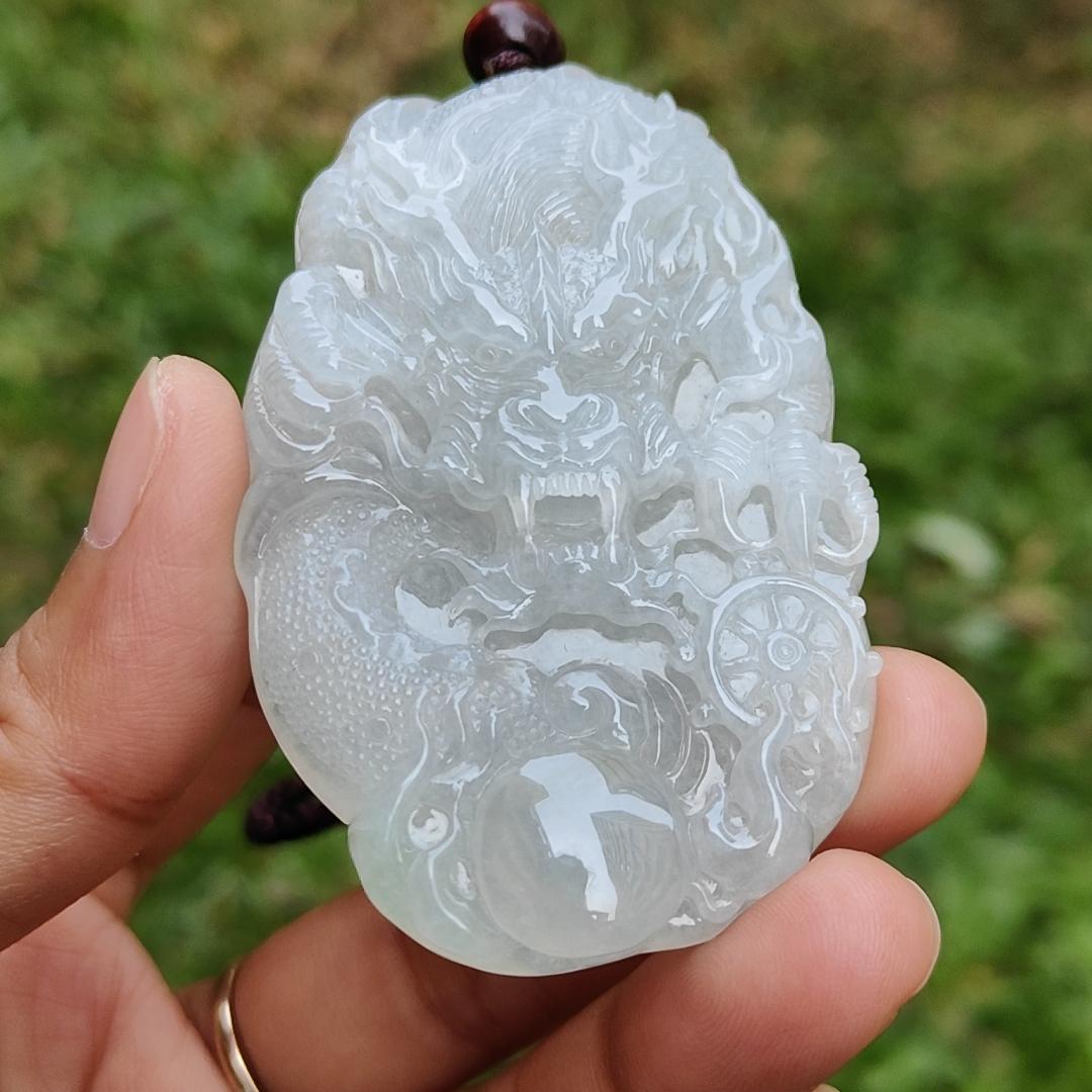 Semi Icy Premium Natural Type A Jadeite Jade crafted as Dragon with certificate weigh 49.63, measurement 64.8 * 42.5 * 10.5 mm (pendant190) Yi Pin Qian