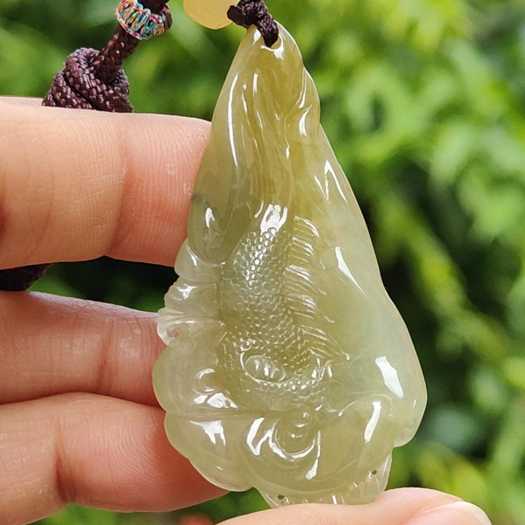 Premium Icy Yellow Natural Type A Jadeite Jade crafted with Dragon as Pendant certificate weighs 15.64 grams, measurement 50.6 * 27 * 11.5 mm (pendant253) Yi Pin Qian