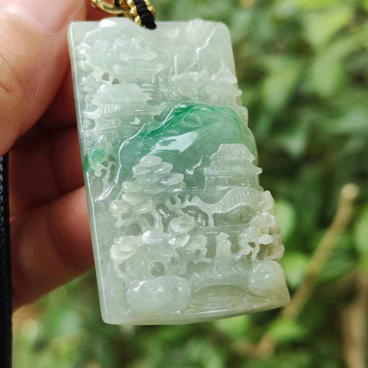 Latest arrival SG Local Seller crafted as sceneries Pendant Light green Hue, Green and white Natural Type A Jadeite Jade, certificate weighs 21.24 grams, measurement 47 * 26.9 * 7.5 mm (pendant353) Yi Pin Qian Jadeites Jade Jewelry ~Your Precious Quintessential ~ Singapore