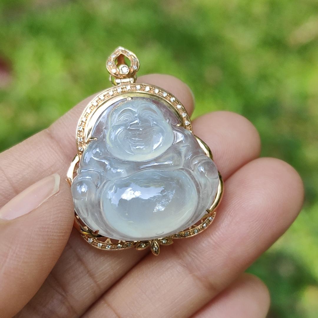 Premium Quality Icy Translucent Natural Type A Jadeite Jade crafted with Milo Buddha Set on 18k Gold as Pendant, certificate weighs 6.48 grams, measurement 34.1 * 26 * 11.6 mm (18kp61) Yi Pin Qian