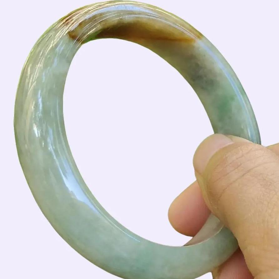 53.5 mm Light Green with Brown Patch Quality Burma Natural Type A Jadeite Jade crafted as Peace Bangle, certificate weighs 50.76 grams, Width: 13 mm Thickness: 7.6 mm (bangle16) Yi Pin Qian Jadeites Jade Jewelry ~Your Precious Quintessential ~ Singapore