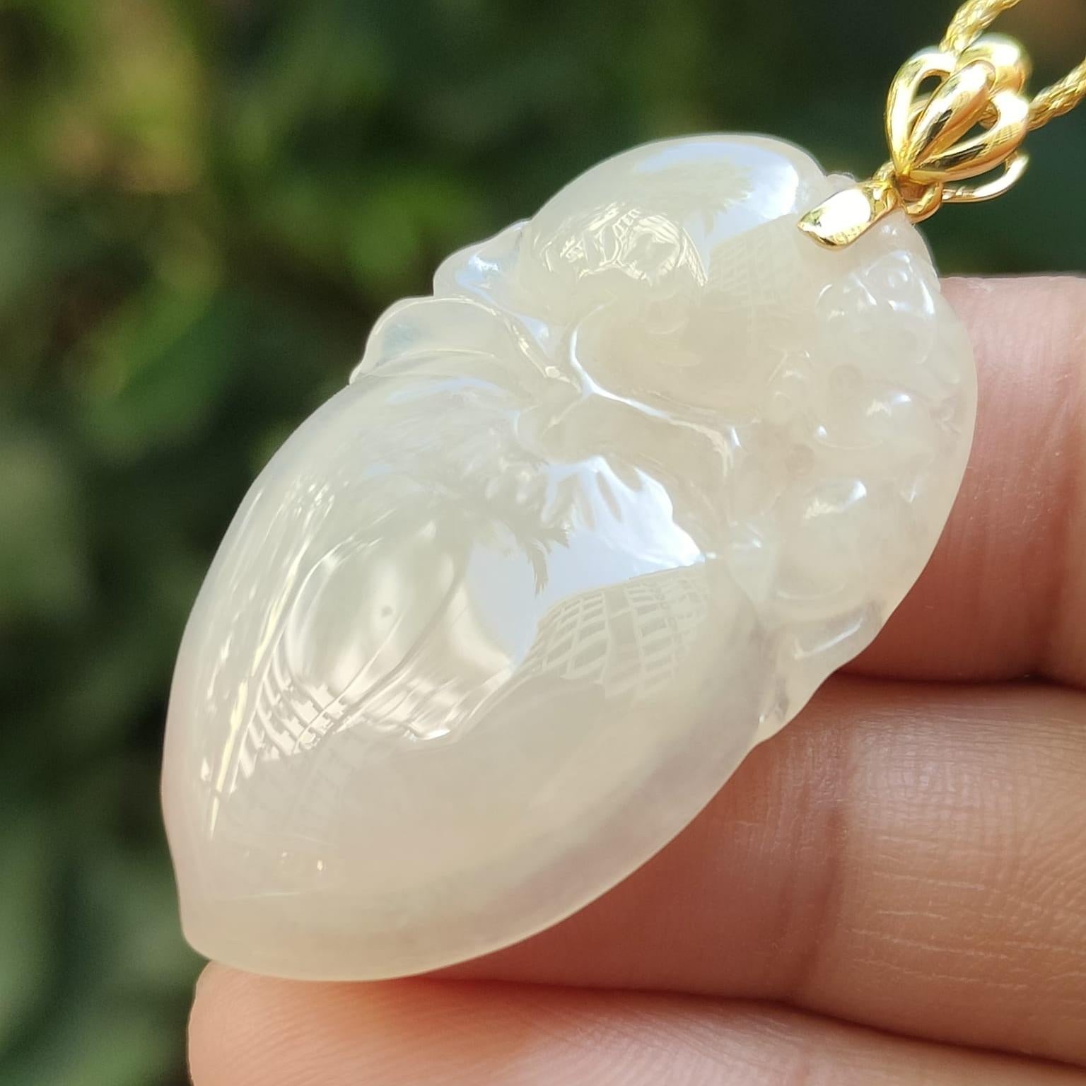 Semi Icy Yellow Natural Type A Jadeite Jade crafted with Monkey and Peach as Pendant with 18k clasp, certificate weighs 6.97 grams, measurement 35 * 21.2 * 5.5 mm (18kp91) Yi Pin Qian Jadeites Jade Jewelry ~Your Precious Quintessential ~ Singapore
