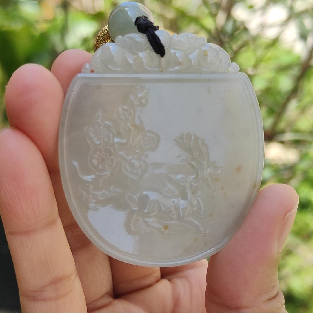 Crafted with Plum Blossoms and Deer Natural Type A Jadeite Pendant Necklace with certificate included weigh 34.14 grams, 54.3 * 47.5 * 5.6 mm,symbols of Good fortune, beauty and happiness (pendant105) Yi Pin Qian