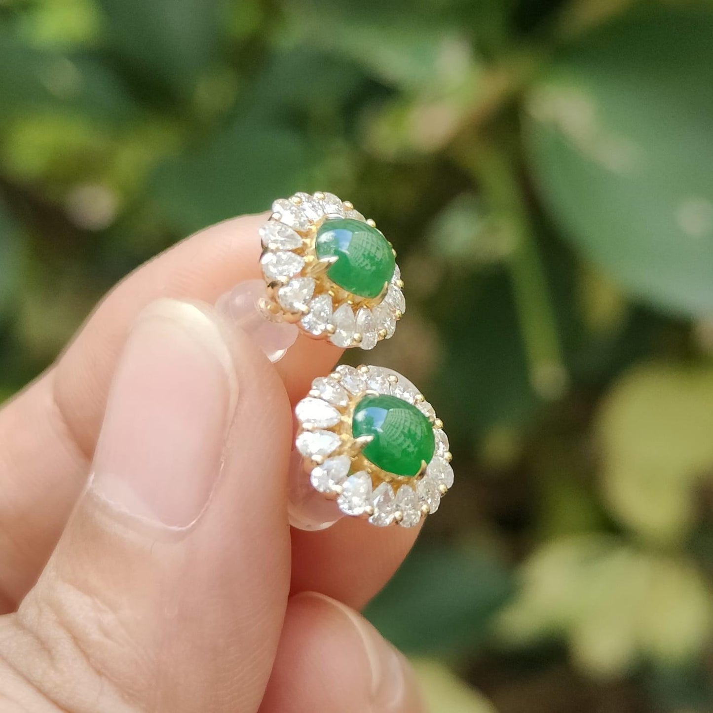 Latest New Arrival Premium High-Quality Pair of Green Cabochons Stud Earrings set on 18k gold on Natural Type A Jadeite Jade certificate weighs 2.19 grams (18kp03) Yi Pin Qian Jadeites Jade Jewelry ~Your Precious Quintessential ~ Singapore